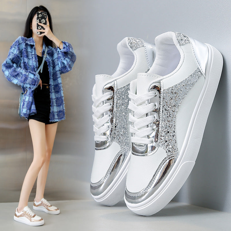 Women's Platform Sneakers - Leather & Glitter Fabric - Lace-Up Casual Shoes