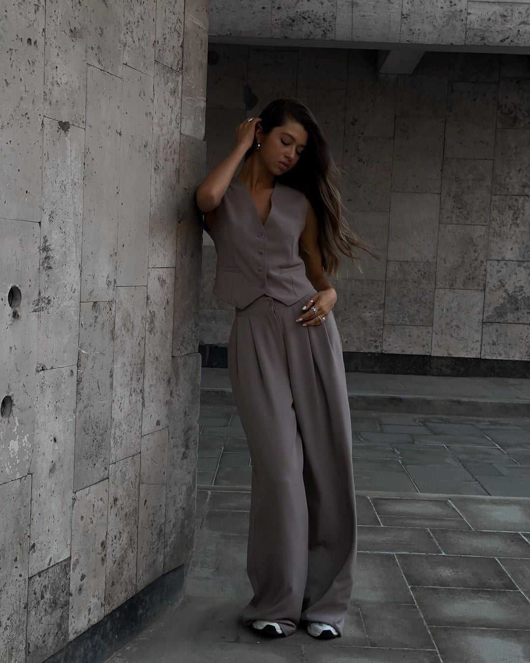 Women's sleeveless v neck vest with wide leg pants set
