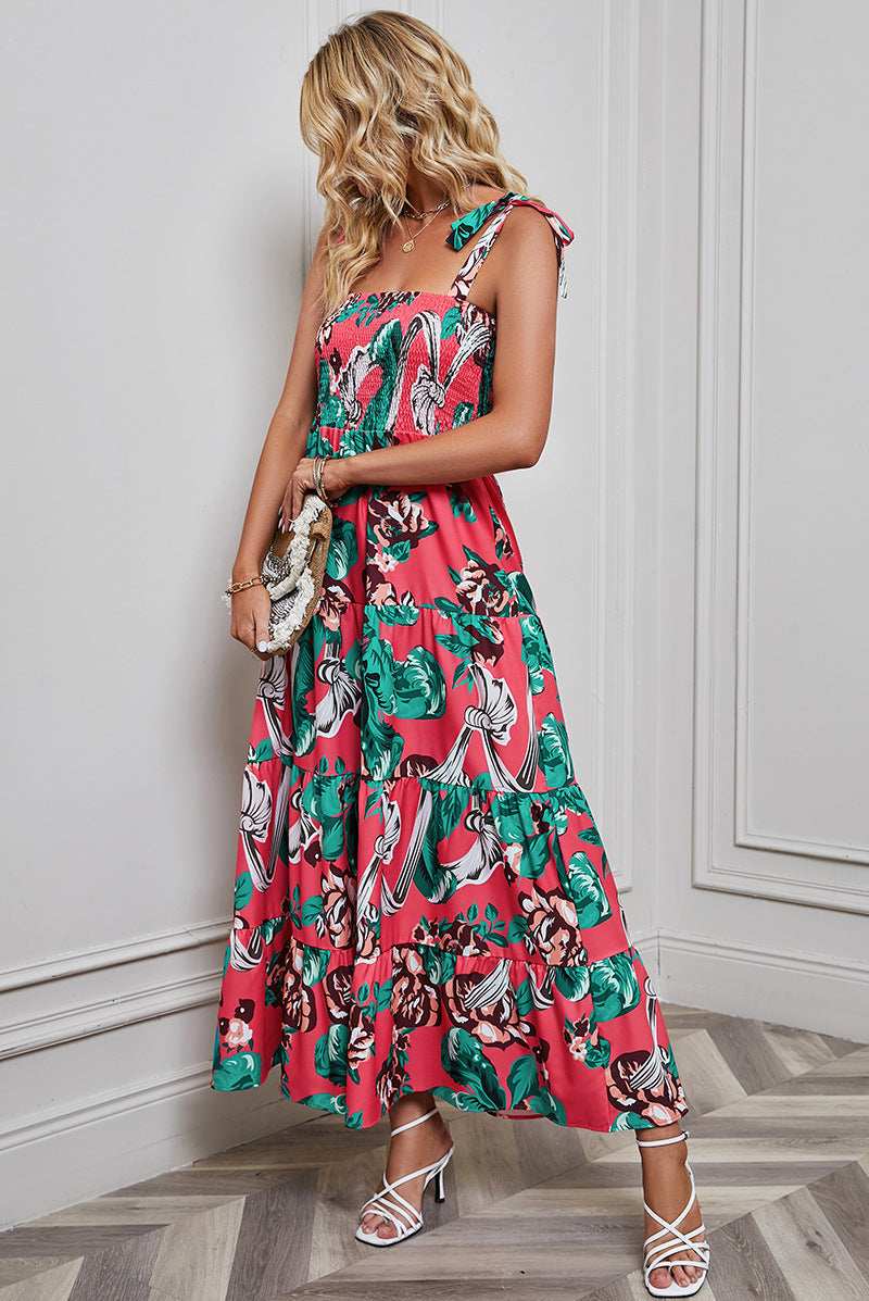 Women’s Maxi Dress – Smocked Bodice – Adjustable Tie Straps – Tiered A-Line – Backless