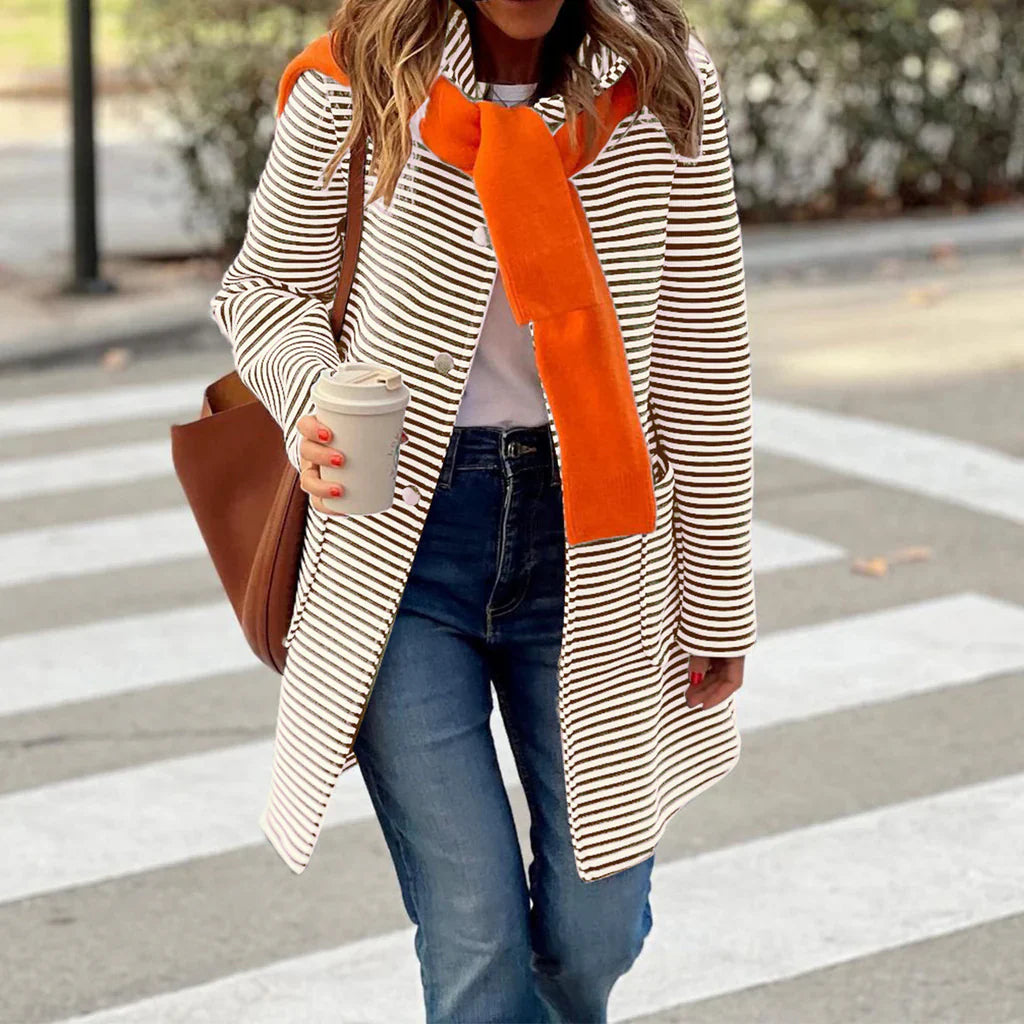 Women’s Trench Coat – Relaxed Fit – Double-Breasted – Striped Woven Mid-Thigh Length