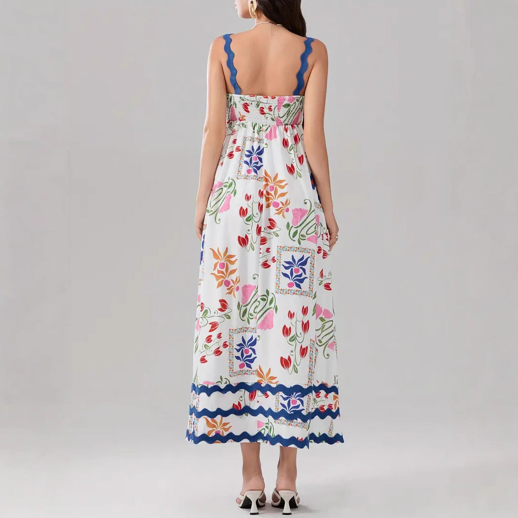 Floral Print Ruffle Trim A-Line Midi Dress