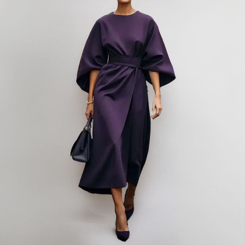 Women’s Long Dress – Satin Feel – Fitted Waist – Batwing Sleeve – Elegant Flow