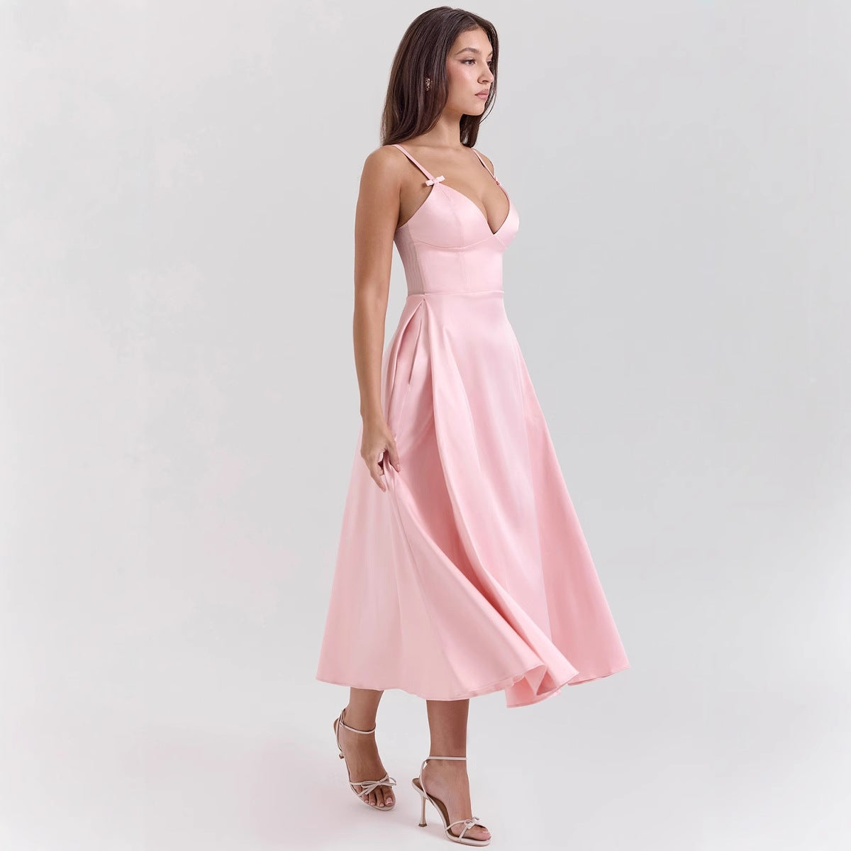 Women’s Satin Dress – V-Neck – Spaghetti Straps – Fitted Bodice – A-Line Midi Length