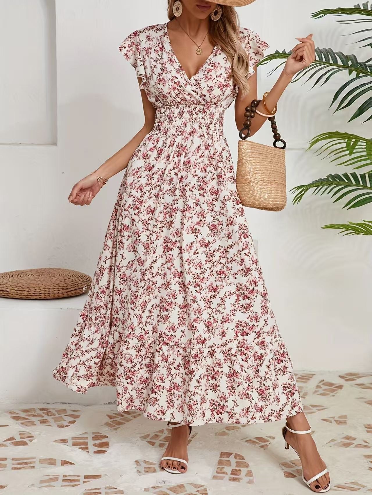 Floral Print - V Neck - Ruffle Sleeves - Elegant Flowy Style Maxi Dress