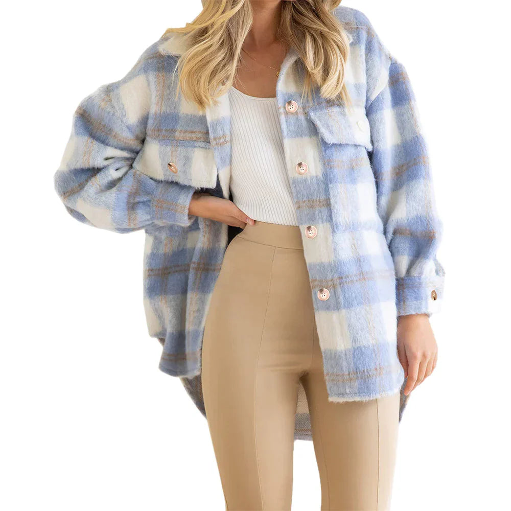 Plaid Mohair Blend Long Sleeve Coat
