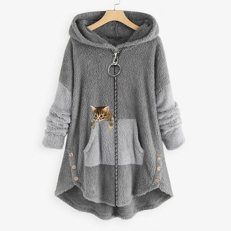 Women’s Long Hooded Jacket – Oversized Fit – Plush Fleece – Kangaroo Pocket – High-Low Hem