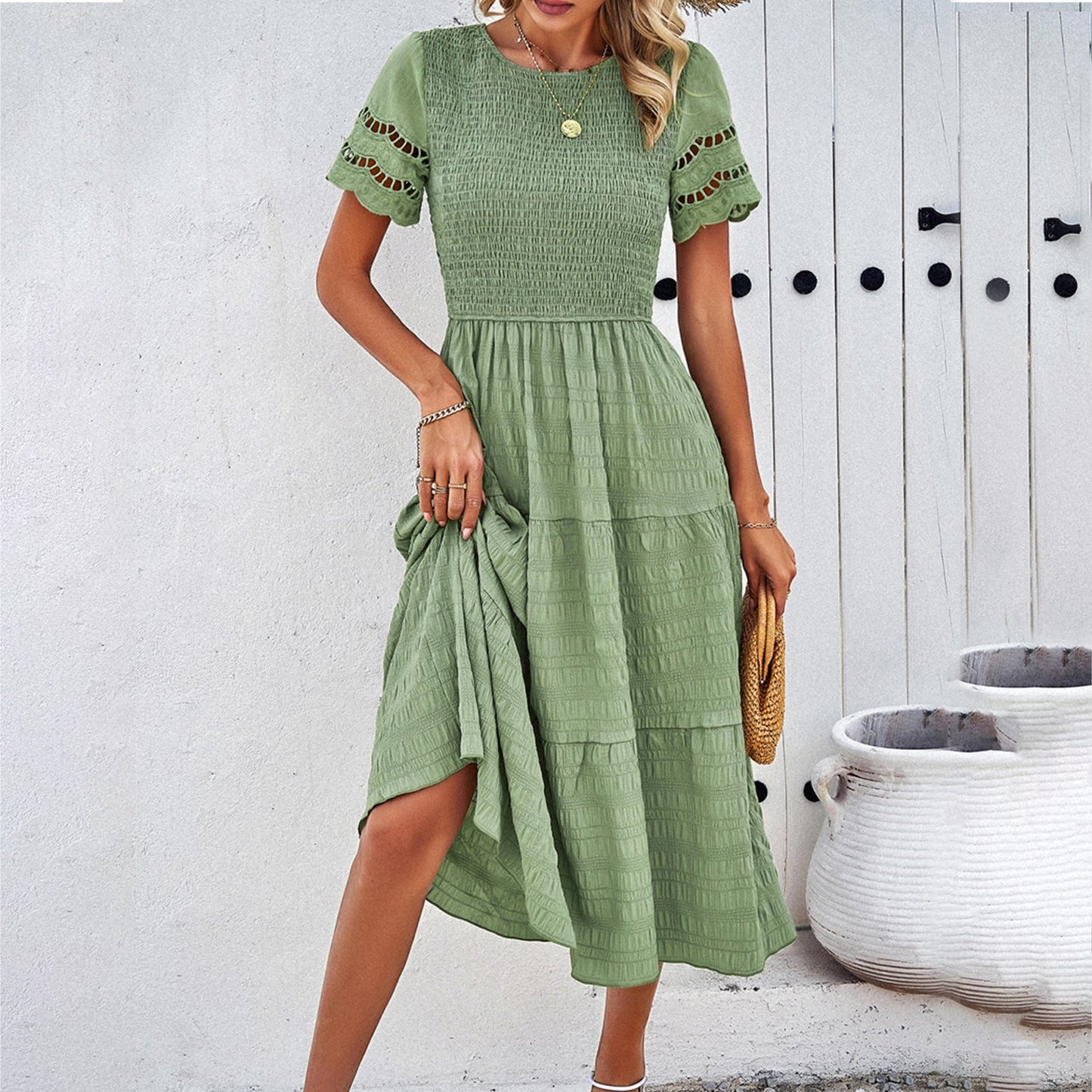 Women’s Midi Dress – Smocked Bodice – Tiered Skirt – Cut-Out Lace Sleeves – Flowy Fit