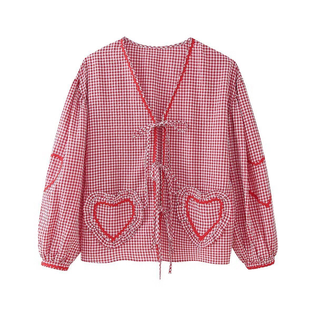 Women's Blouse - Gingham Checkered - Open Back with Ties - Puff Sleeve Embroidered