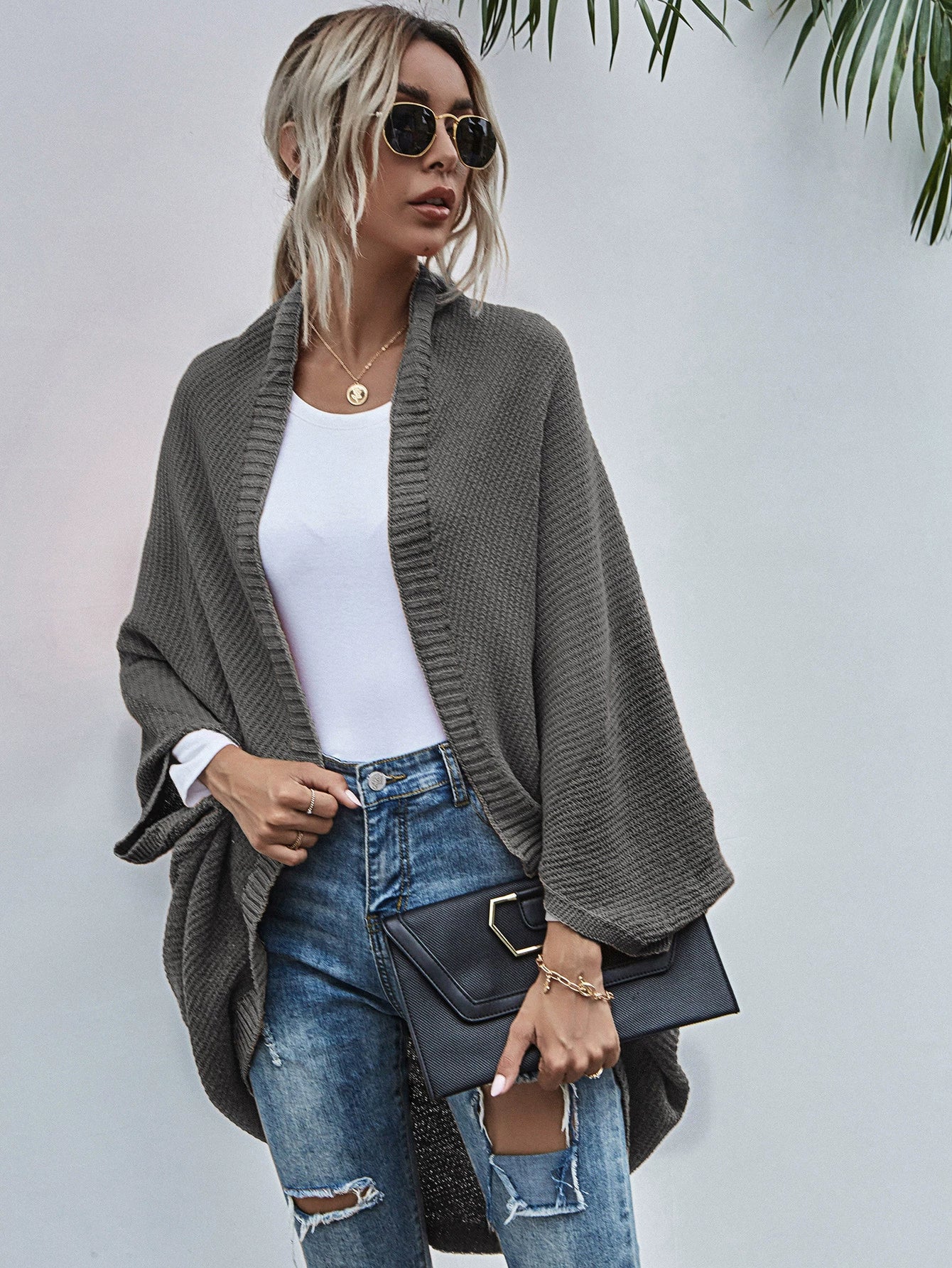 Women’s Cardigan Sweater – Oversized Fit – Knit Wool – Open Front – Batwing Sleeves