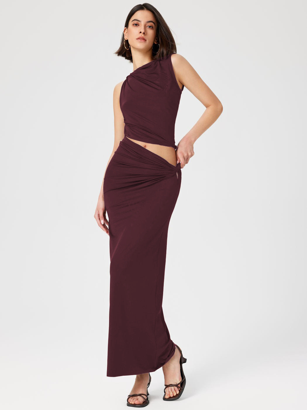 Women's Set – Sleeveless Crop Top – Asymmetrical Design – Cut-Out Waist – Maxi Skirt