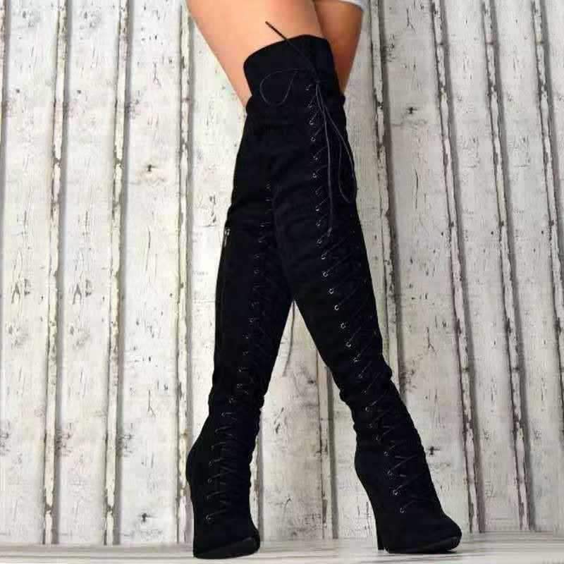 Women’s Boots - Faux Suede - Over-The-Knee - Lace-Up Front - Pointed Toe