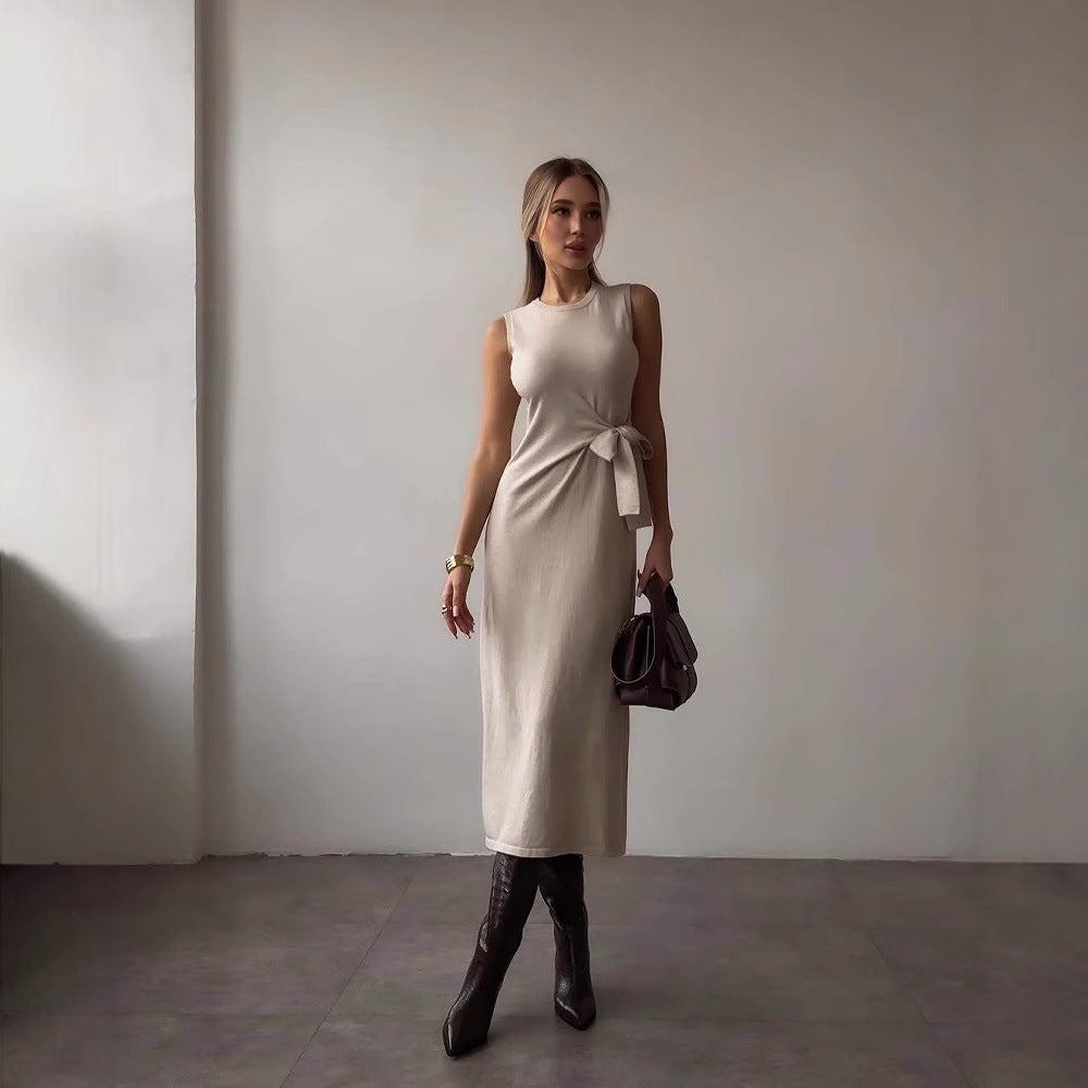 Women’s Midi Dress – Slim Fit – Sleeveless – Bow Waist – Soft Stretch Fabric