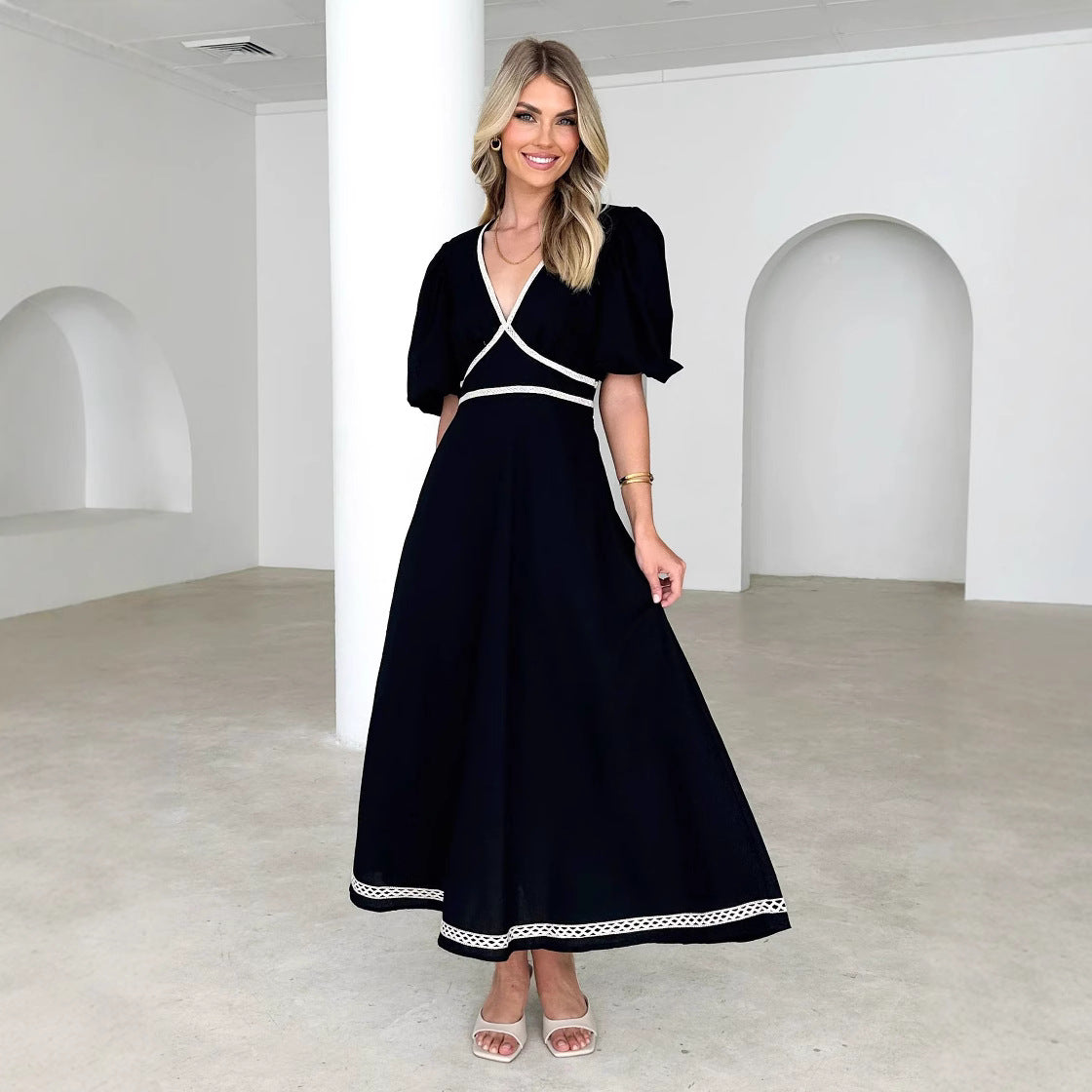 Women’s Long Dress – Cotton Blend – V-Neck – Puff Sleeve – Lace Trim – Fitted Waist