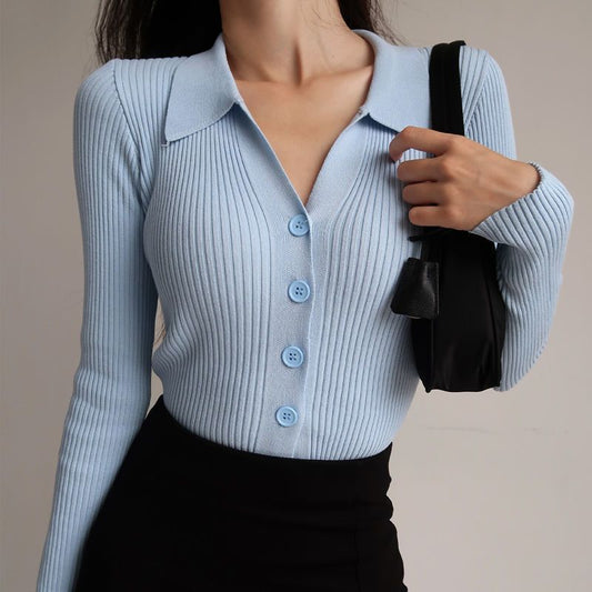 Knitted V-Neck Lapel Long Sleeve Top