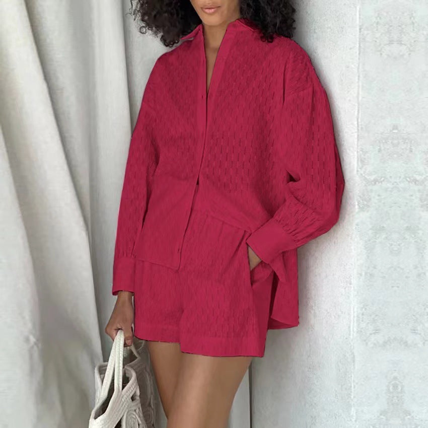 Veerna - jacquard drop shoulder sleeves button down long sleeve and short set
