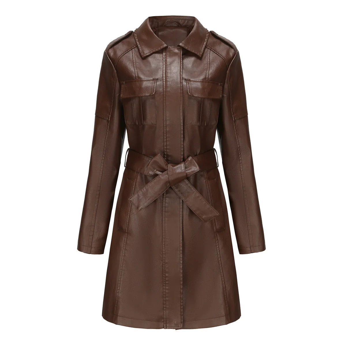Women’s Medium-Length Coat – Structured Fit – Leather-Like – Zipper – Point Collar