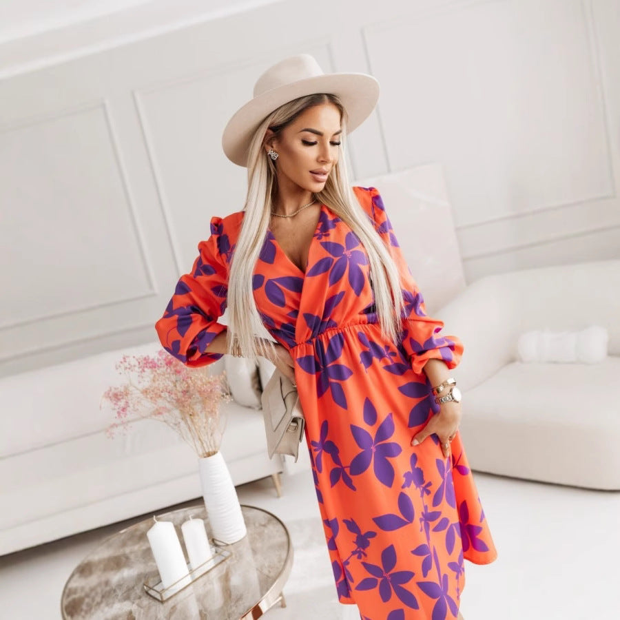 Women’s Midi Dress – V-Neck – Puff Sleeve – Cinched Waist – Floral A-Line Fit