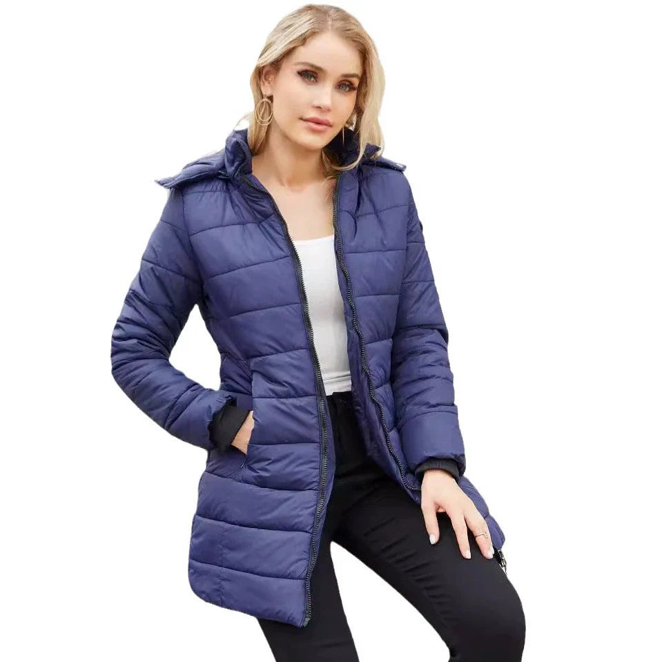 Women’s Puffer Jacket – Quilted Mid-Length Fit – Detachable Hood – Zipper Closure