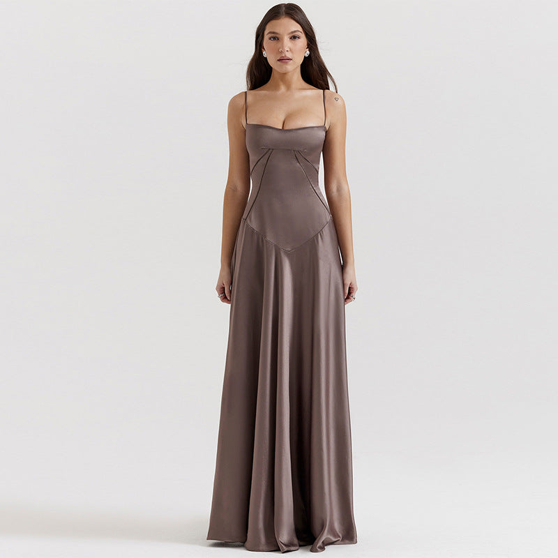 Women’s Evening Gown – Satin A-Line – Spaghetti Straps – Cut-Out Waist – Full Length