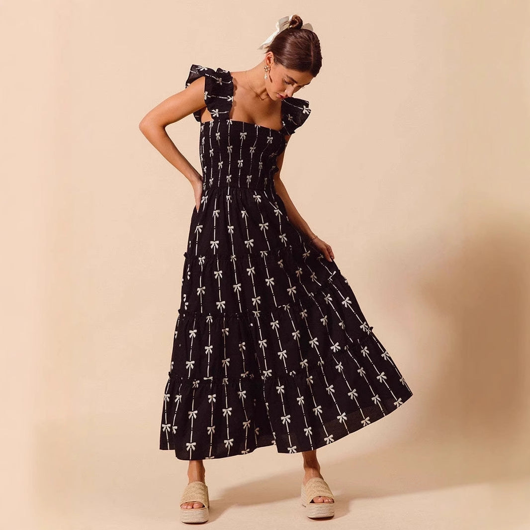 Women’s Maxi Slip Dress – Smocked Bodice – Ruffle Straps – Tiered Skirt – Flowy Fit
