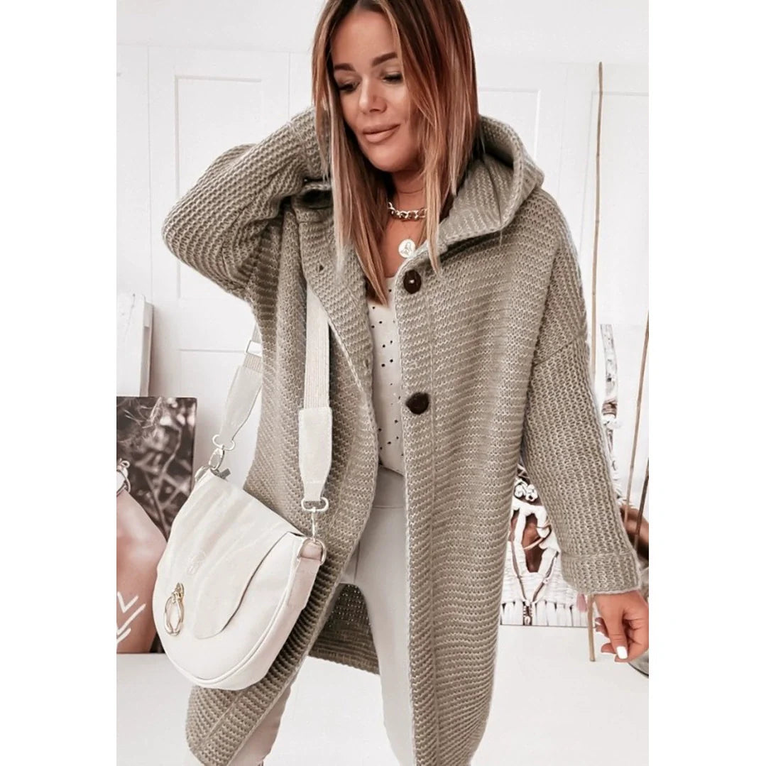 Women’s Hooded Cardigan – Ribbed Knit – Loose Fit – Long Line – Button Front