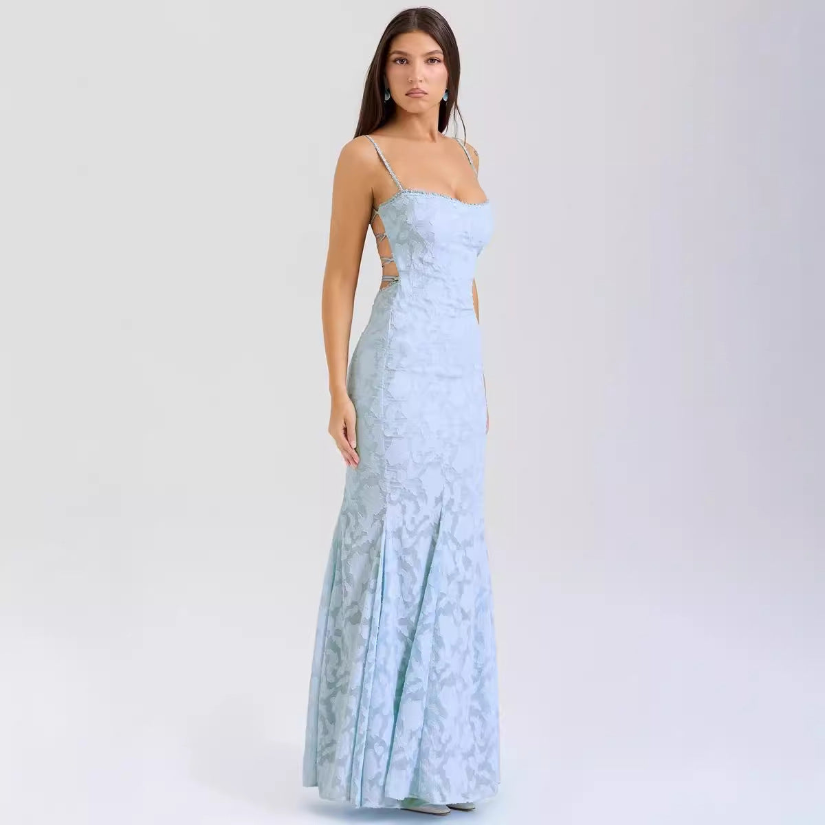 Women’s Maxi Dress – Slim Fit – Satin Feel – Lace Neckline – Spaghetti Straps – Formal Wear