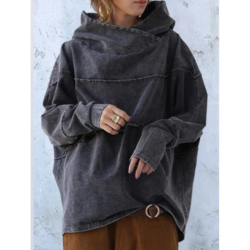 Women’s Pullover Hoodie – Oversized Fit – Draped Cowl Neck – Distressed Cotton Blend