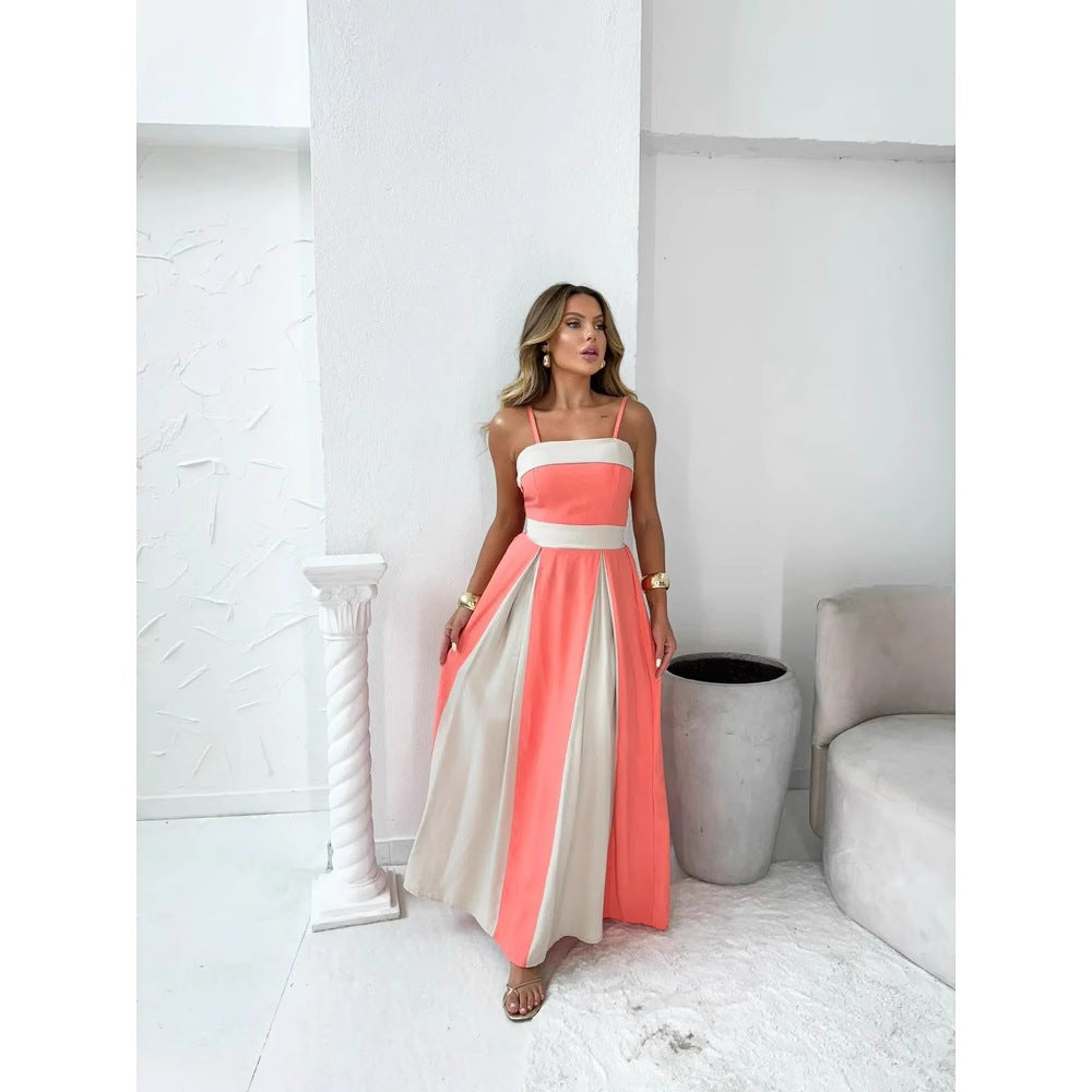 Women’s Maxi Dress – Satin Finish – A-Line Silhouette – Color Block – Formal Fit