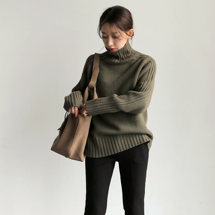 Solid high neck knit sweater for women