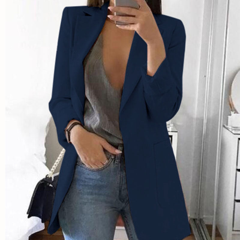 Women’s Blazer – Tailored Longline Fit – Open Front – Notched Lapel – Flap Pockets
