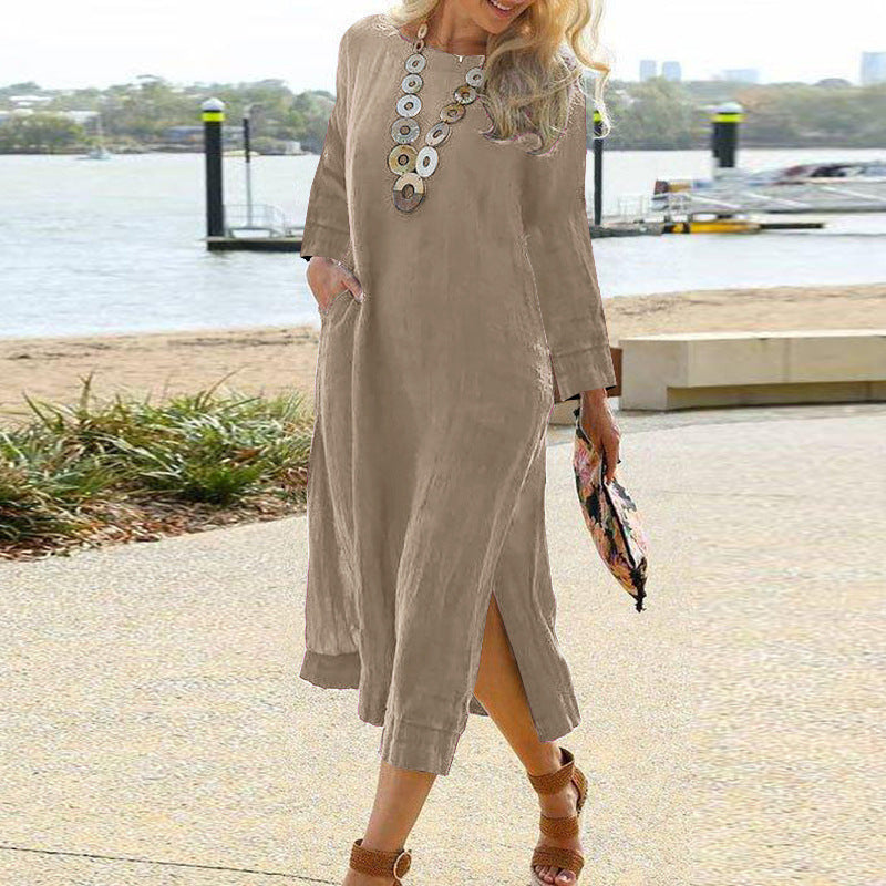 Women’s Shirt Dress – Relaxed Fit – Long Sleeve – Lightweight Woven – Midi Length