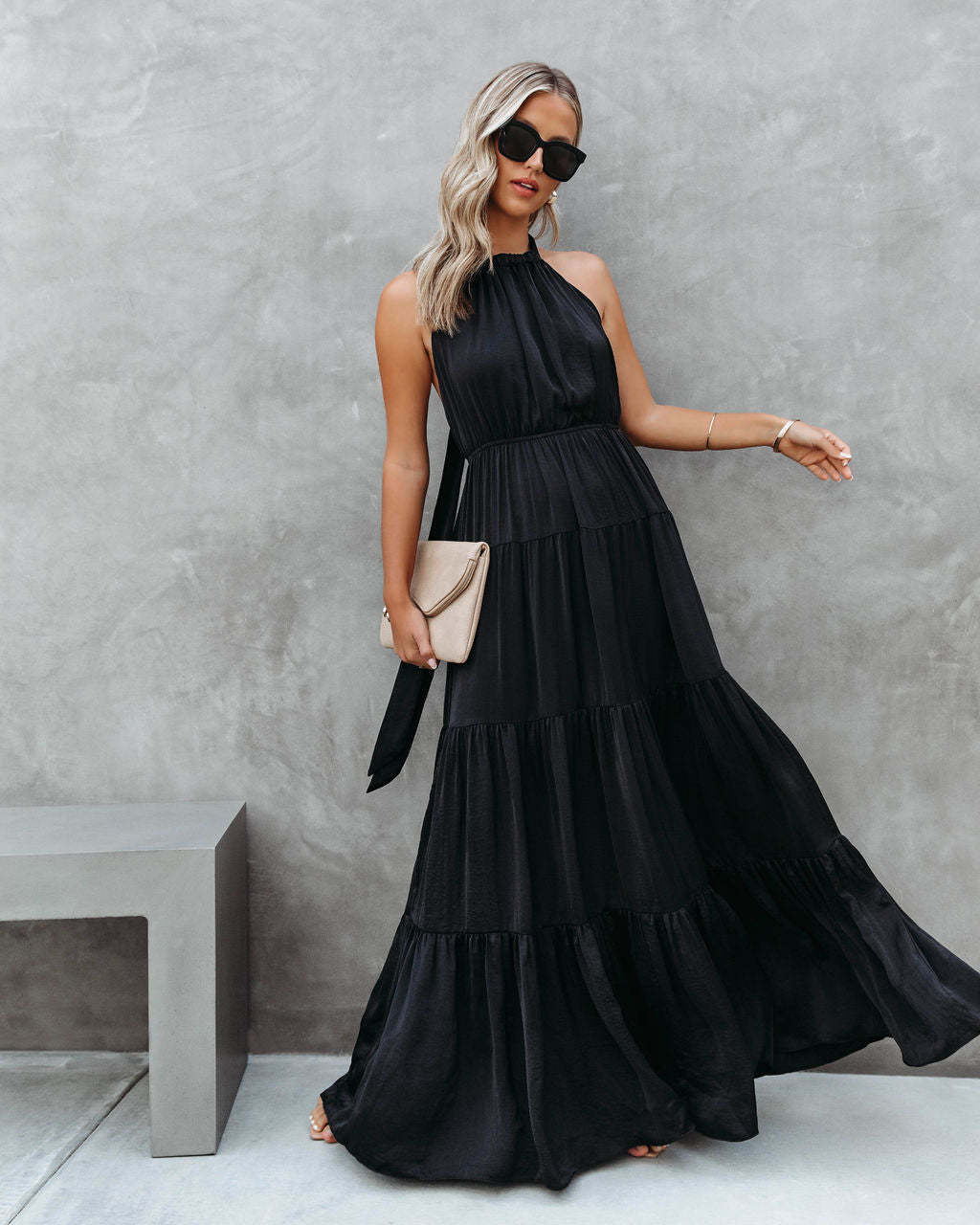 Women’s Halter Dress – Full Length – Tiered Skirt – Cinched Waist Flowing Fit