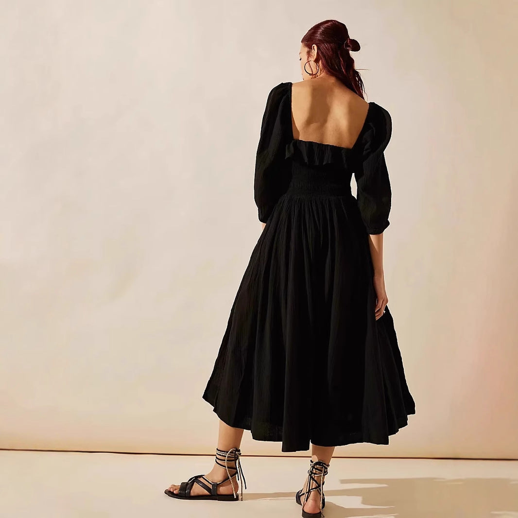 Women’s A-Line Dress – Cotton Blend – Smocked Waist – V-Neck Ruffle – Long Sleeve