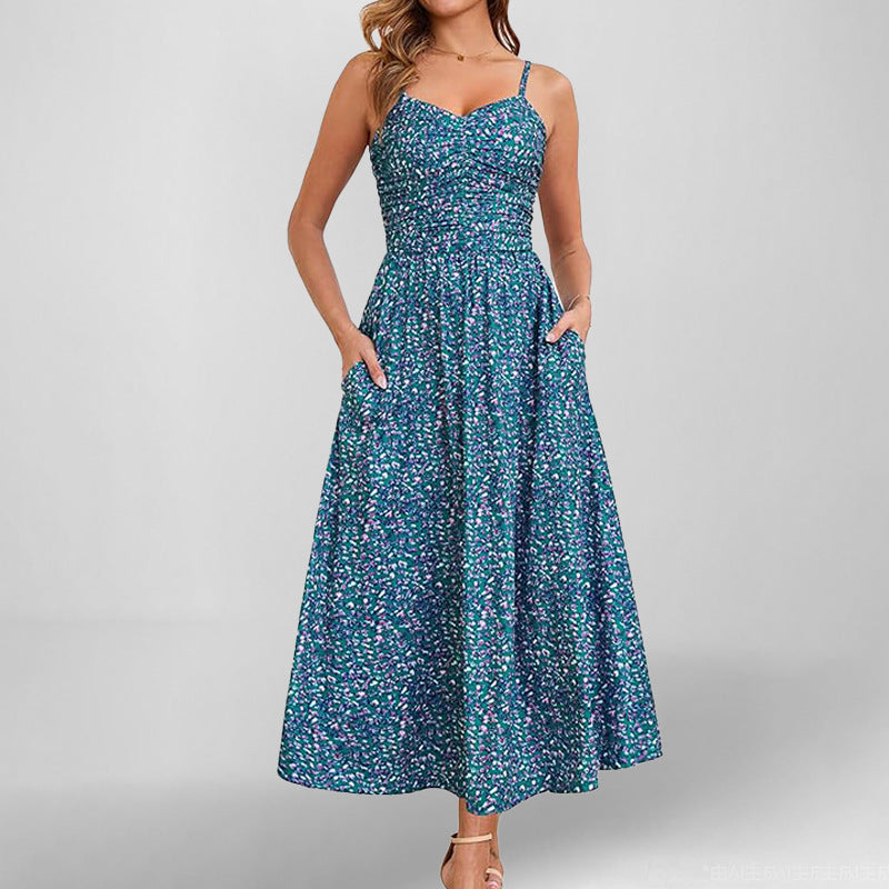Women’s Sundress – Cotton Blend – A-Line Midi – Spaghetti Straps – Floral Print – Pockets