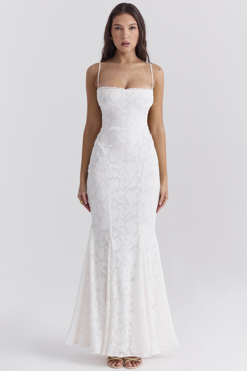 Women’s Maxi Dress – Slim Fit – Satin Feel – Lace Neckline – Spaghetti Straps – Formal Wear