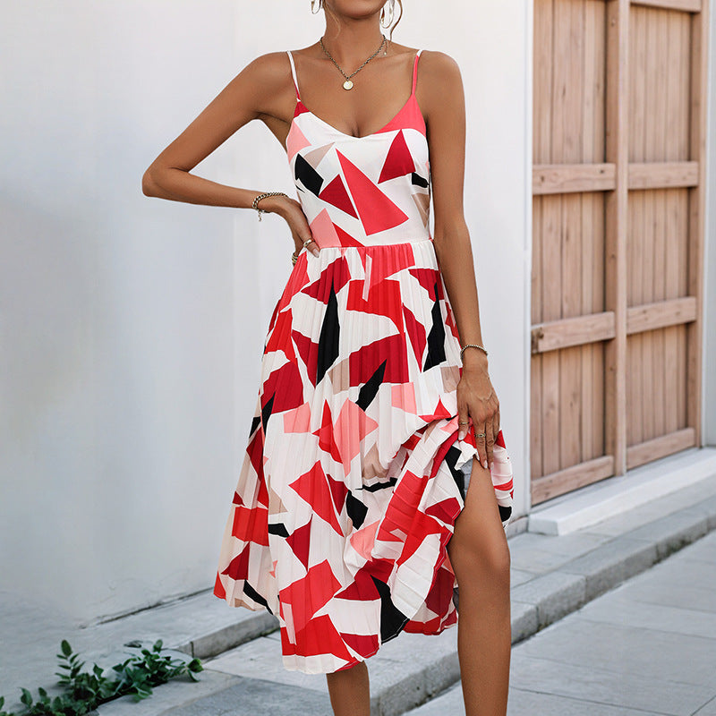 Women’s A-Line Dress – Geometric Print – Lightweight Cotton Blend – Spaghetti Strap