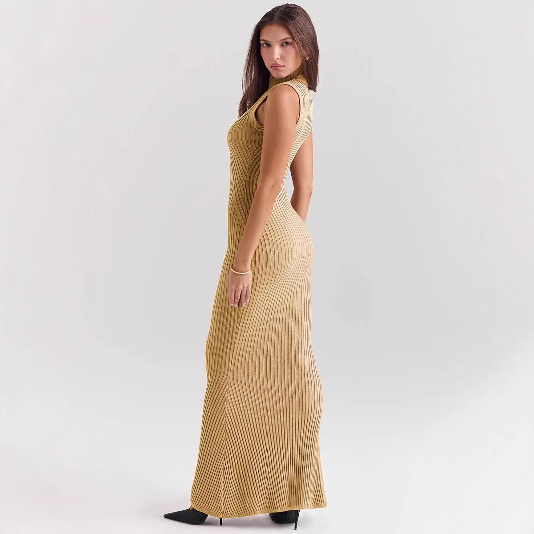 Women’s Knit Dress – Sleeveless Turtleneck – Ribbed Form-Fitting – Mermaid Hem
