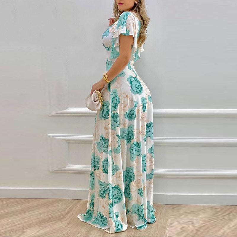 Women's Floral V-Neck Flounce Sleeve A-Line Dress