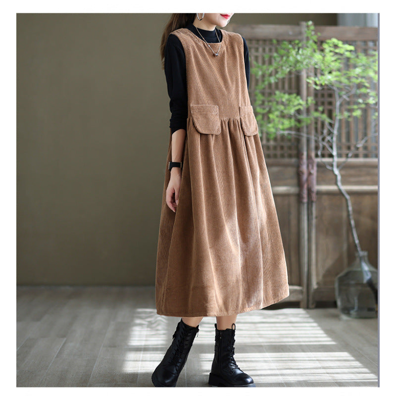 Relaxed Fit Corduroy Pinafore Midi Dress