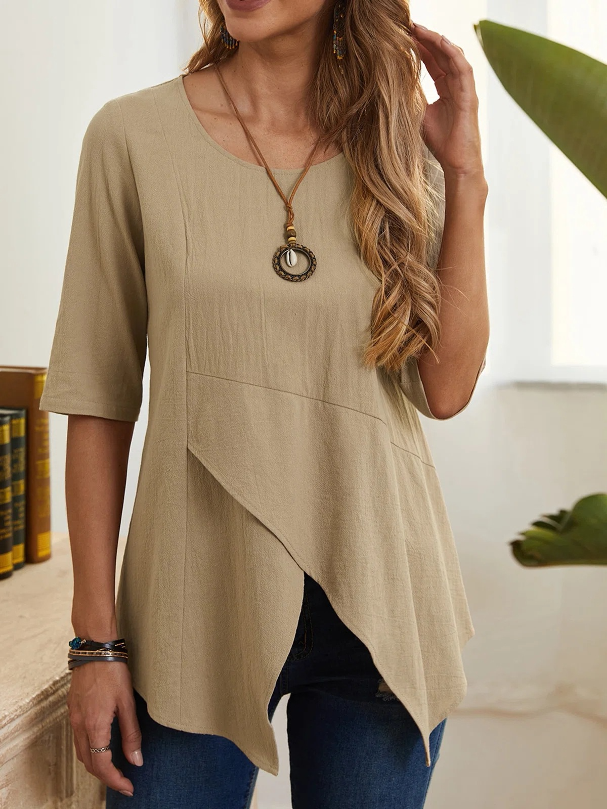Women’s Tunic Top – Asymmetrical Hem – Half Sleeve – Loose Fit – Layered Design