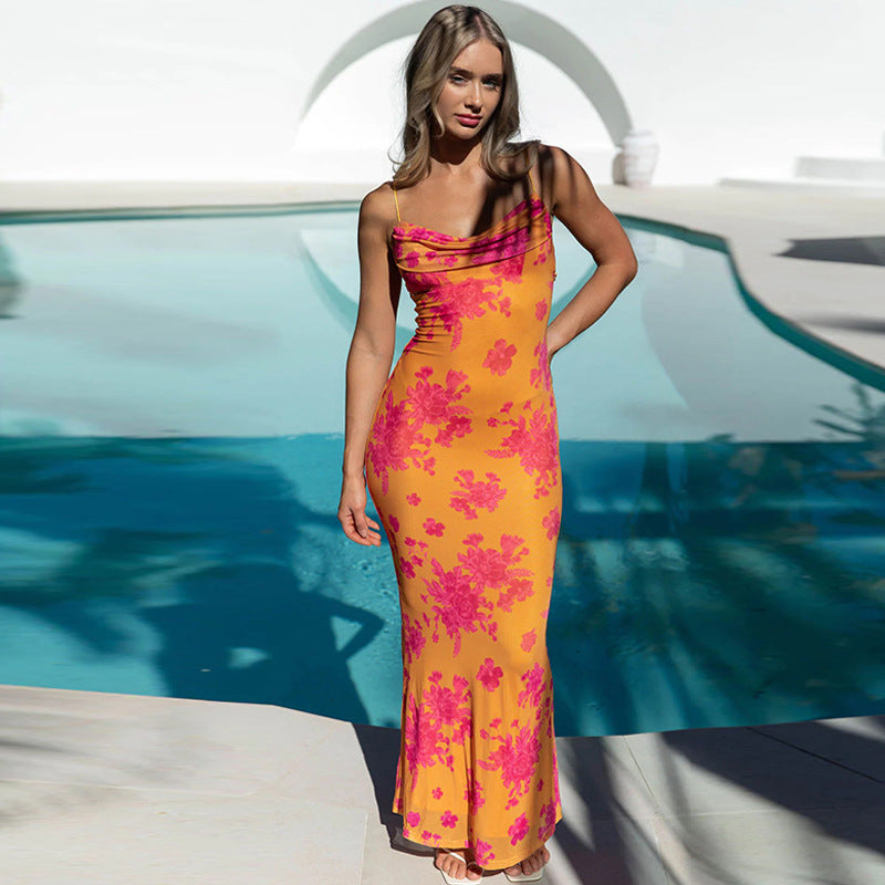 Women’s Sleeveless Dress – Slim Fit – Cowl Neck – Open Back – Floral Print – Full Length