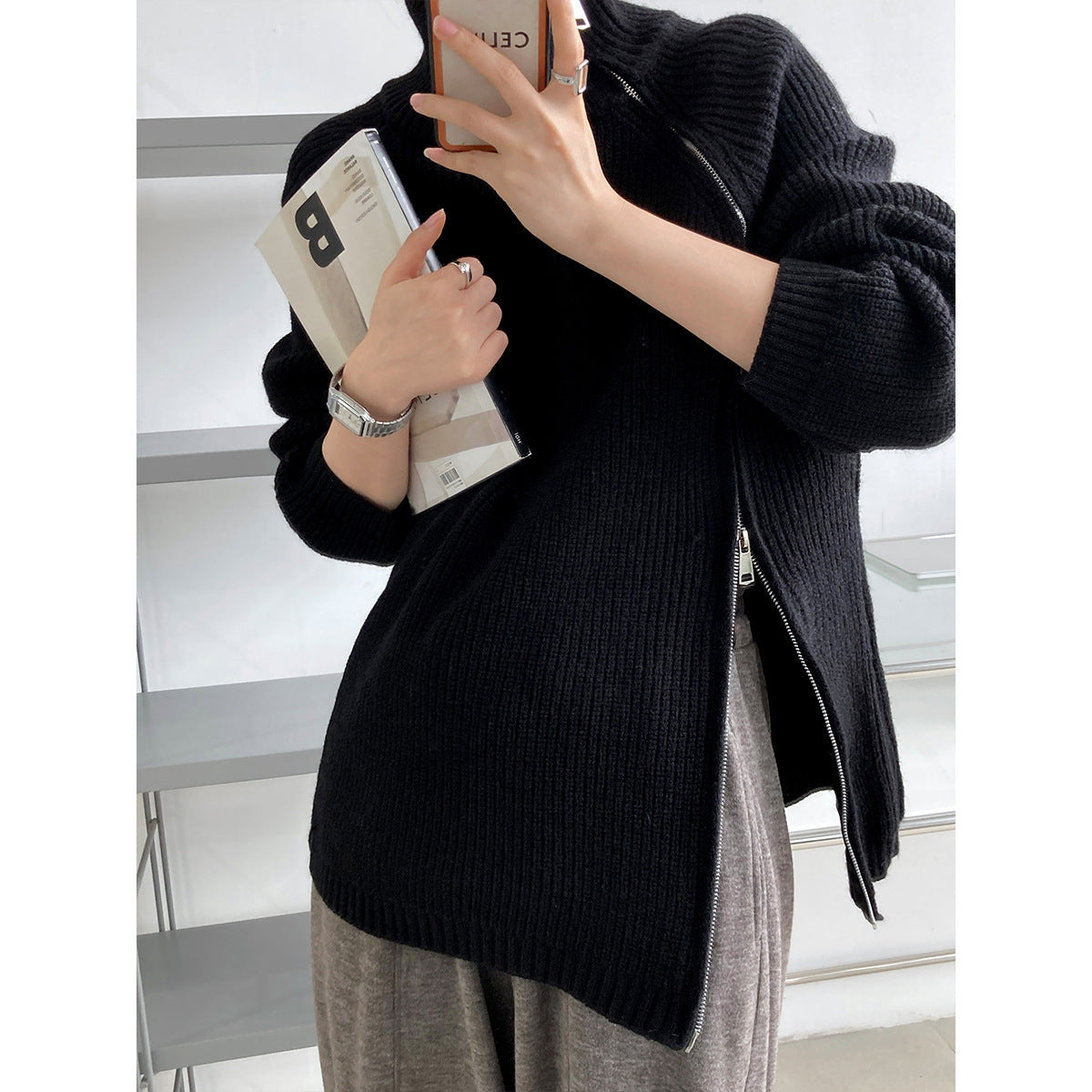 Women’s Knit Sweater – Wool Blend – Oversized Fit – High Collar – Ribbed – Side Zipper