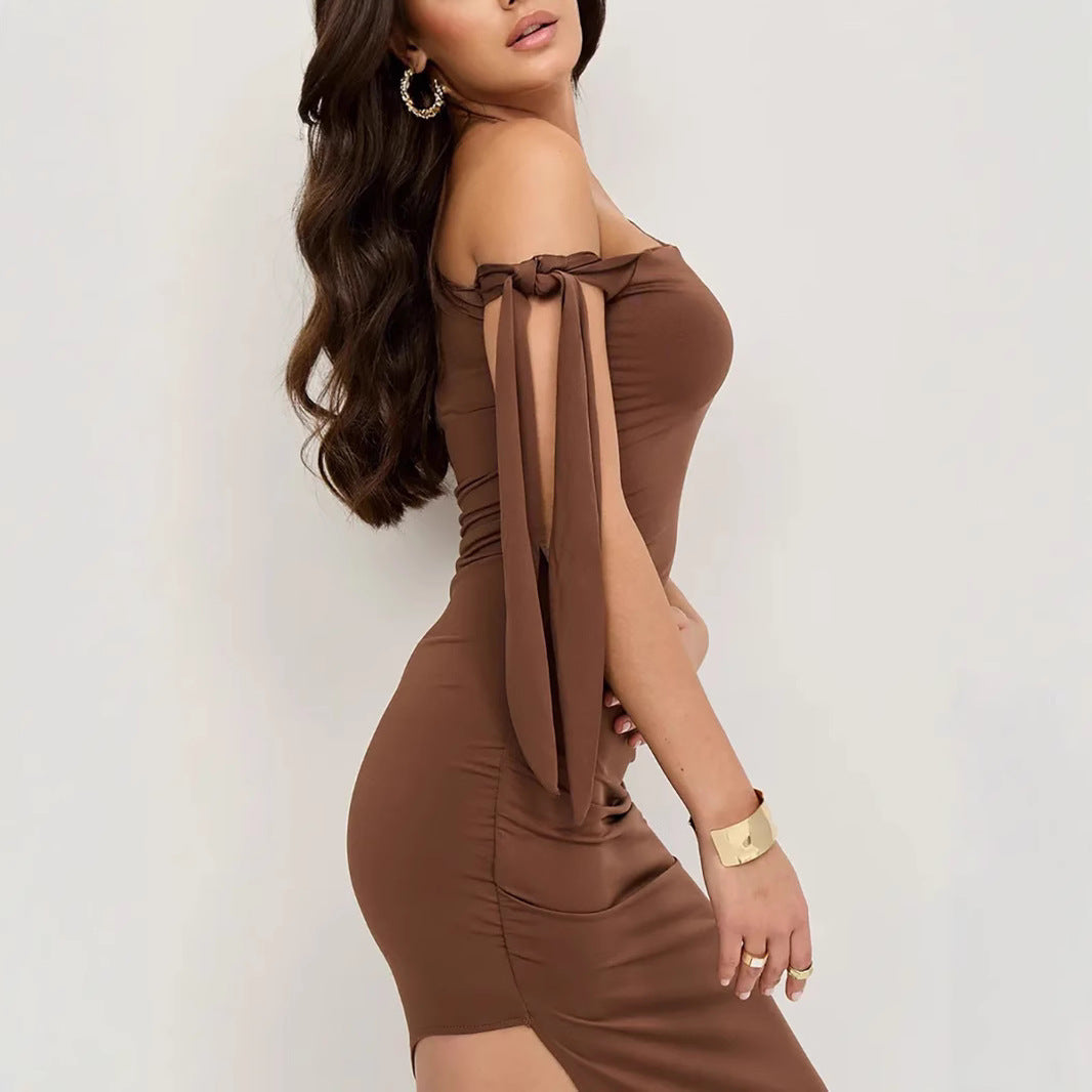 Women’s Off-Shoulder Dress – Slim Fit – Stretch Jersey – Ruched – Asymmetrical Tie Shoulder