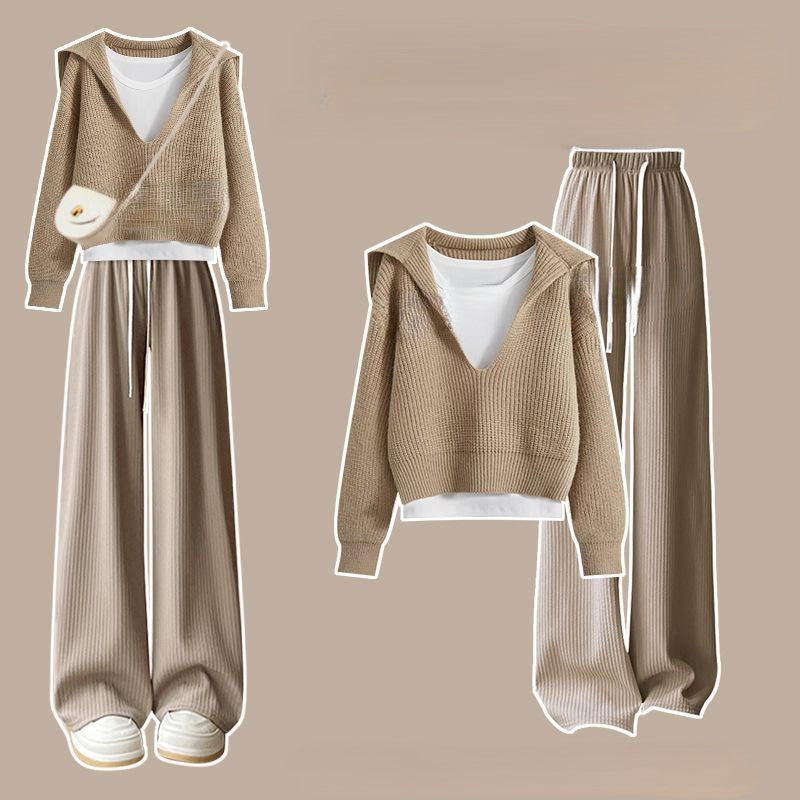 Women’s Knit Lounge Set – V-Neck Sweater – Wide-Leg Pants – Relaxed Fit – Soft Fabric