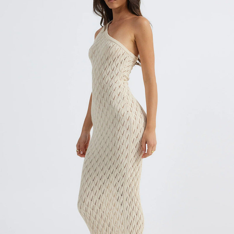 Women’s One-Shoulder Knit Dress – Fitted Silhouette – Openwork – Full Length