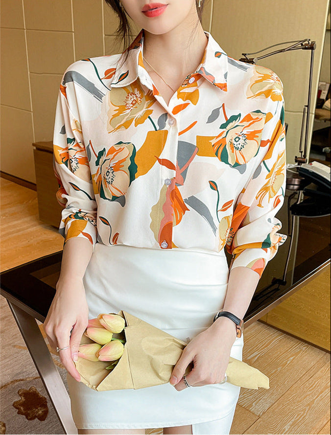 Women's Blouse - Floral Print - Long Sleeve - Button Down - Relaxed Fit