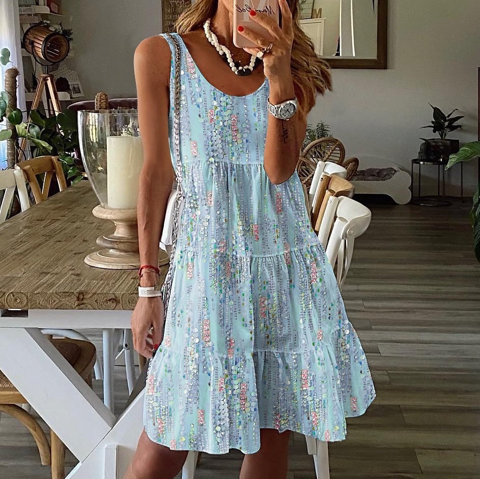Women’s Mini Dress – Relaxed Fit – Tiered Flowy Silhouette – Sleeveless Scoop Neck – Lightweight Cotton