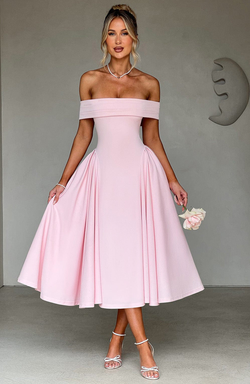 Women’s Midi Dress – Off Shoulder – A-Line Fit – Structured Bodice – Formal Wear