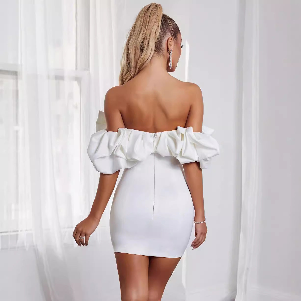 Women’s Mini Dress – Off Shoulder – Ruffled Neckline – Slim Fit Bodycon Party Wear