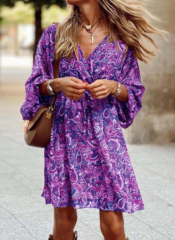 Women's Paisley Dress - Flowy Lightweight V-Neck - Long Sleeve Boho Style